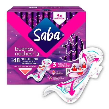 Toallas Femeninas Saba Extra Larga con Alas 48 pzas a precio de socio |  Sam's Club en línea